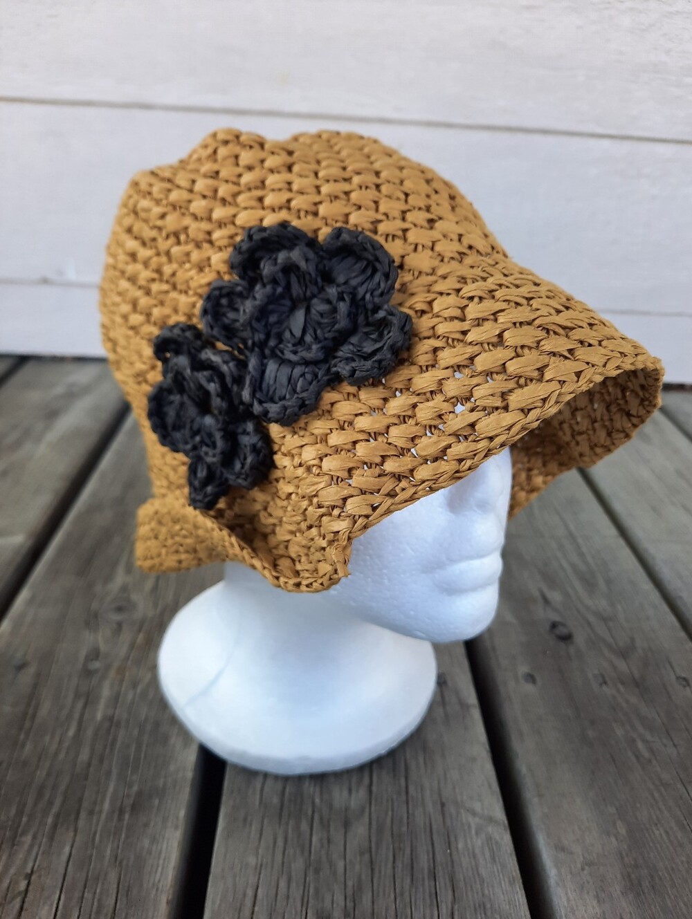 Woven Raffia Paper Summer Bucket Hat With Black 3D Rosettes OS - Picture 2 of 10